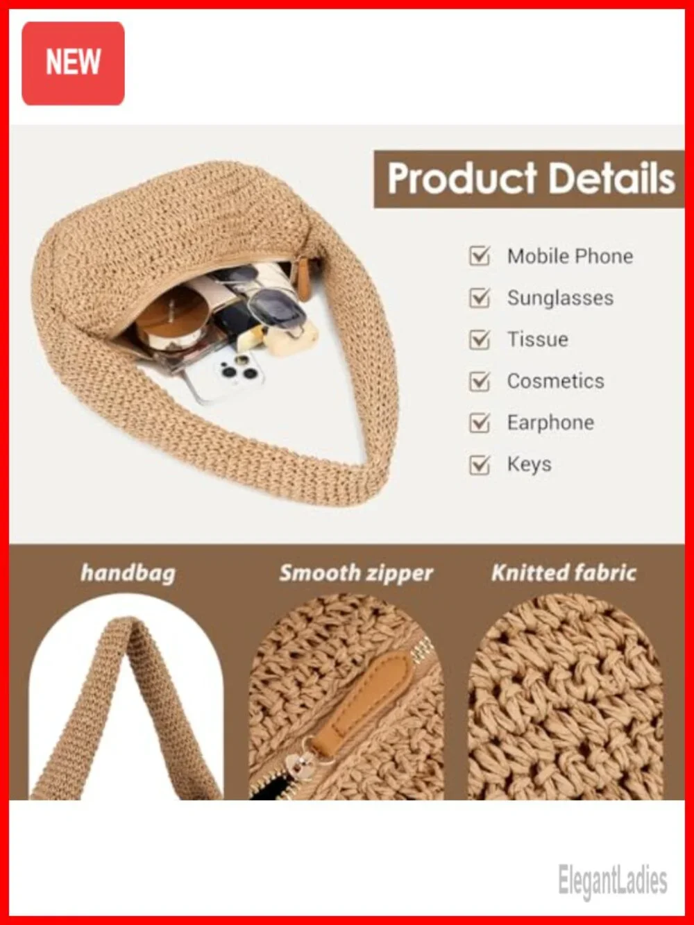 Crochet Straw Beach Bag Woven Hobo Shoulder Bag Half Moon Tote Purse with Zipper
